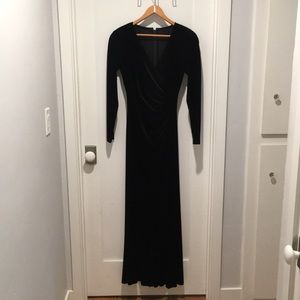 TADASHI black velvet floor length wrap style dress
